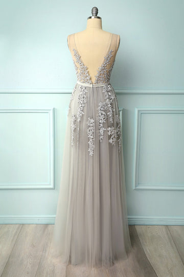 Grey Appliques Prom Dress